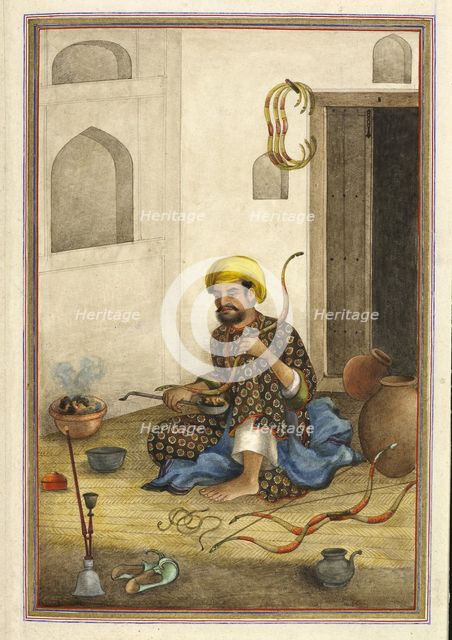 Kamdangar, a bowmaker - Shown bending the wood of a bow over a bowl of embers, 1825. Creator: Anon.