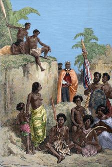 Kamehameha and his warriors, 1880. Creator: Emile Antoine Bayard