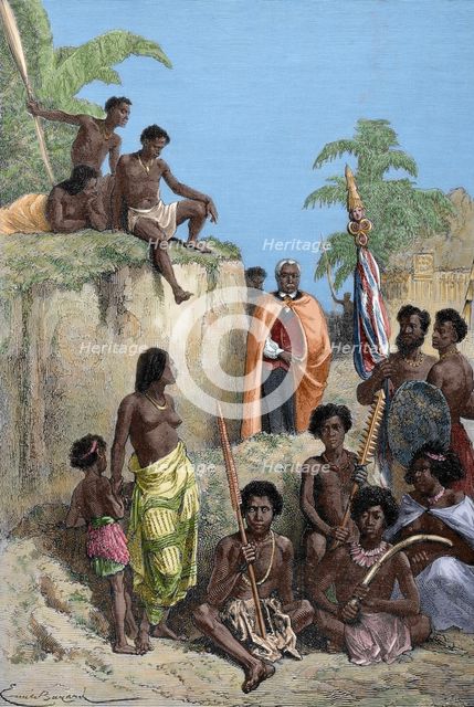 Kamehameha and his warriors, 1880.  Creator: Emile Antoine Bayard.