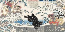Kamei Rokuro Shigekiyo fighting a black bear in the snow, watched by Yoshitsune and his retainers, 1 Creator: Kuniyoshi, Utagawa (1797-1861)