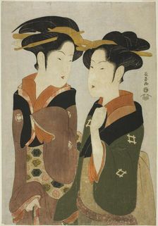 Kan, a waitress of the Izutsuya, and the geisha Fuseya of the Ogiya, c. 1794. Creator: Eishosai Choki
