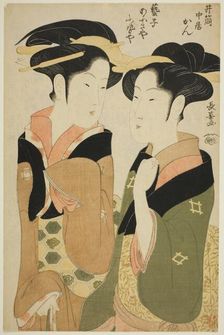 Kan, a waitress of the Izutsuya, and the geisha Fuseya of the Ogiya, c. 1794. Creator: Eishosai Choki