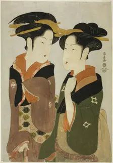Kan, a waitress of the Izutsuya, and the geisha Fuseya of the Ogiya, c. 1794. Creator: Eishosai Choki