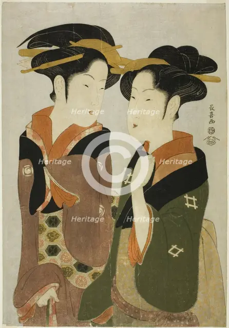 Kan, a waitress of the Izutsuya, and the geisha Fuseya of the Ogiya, c. 1794. Creator: Eishosai Choki.