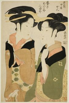 Kan, a waitress of the Izutsuya, and the geisha Fuseya of the Ogiya, c. 1794. Creator: Eishosai Choki