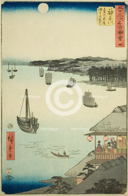 Kanagawa: View over the Sea from the Teahouses on the Hill (Kanagawa, dai no chaya kaijo m..., 1855. Creator: Ando Hiroshige.