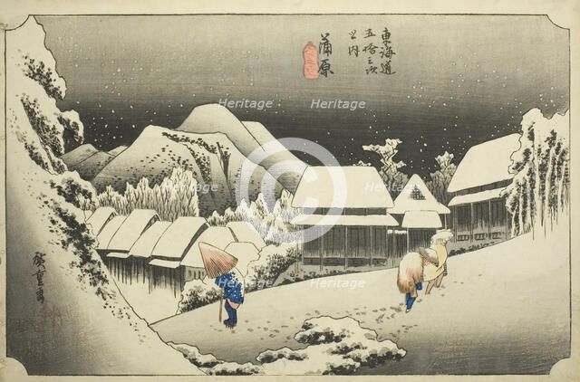 Kanbara: Evening Snow (Kanbara, yoru no yuki), from the series "Fifty-three Stations..., c. 1833/34. Creator: Ando Hiroshige.