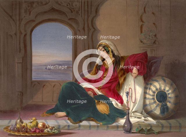 Kandahar Lady of Rank, Engaged in Smoking, 1848. Artist: Carrick, Robert (active Mid of 19th cen.)