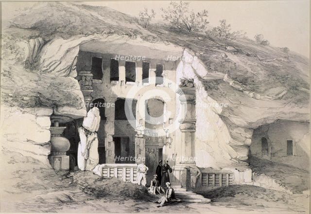 Kannari, Exterior of Great Chaitya Cave, 1845. Artist: Thomas Colman Dibdin