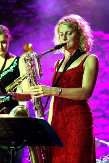 Karen Sharp, British tenor saxophonist, Brecon, 2009. Artist: Brian O'Connor