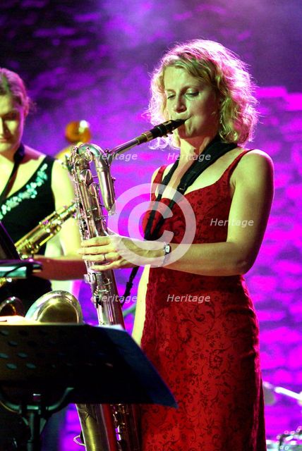 Karen Sharp, British tenor saxophonist, Brecon, 2009. Artist: Brian O'Connor.