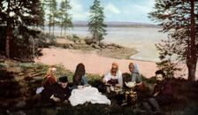 Karelians having tea by a river, near Archangel, Russia, c1930s