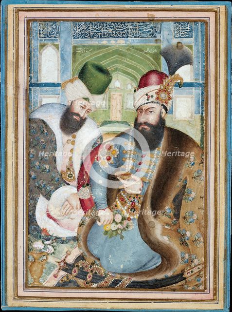Karim Khan Zand with the Ottoman Ambassador Vehbi Effendi. Artist: Ghafari al-Mustawfi, Abu'l Hasan (?-1794)