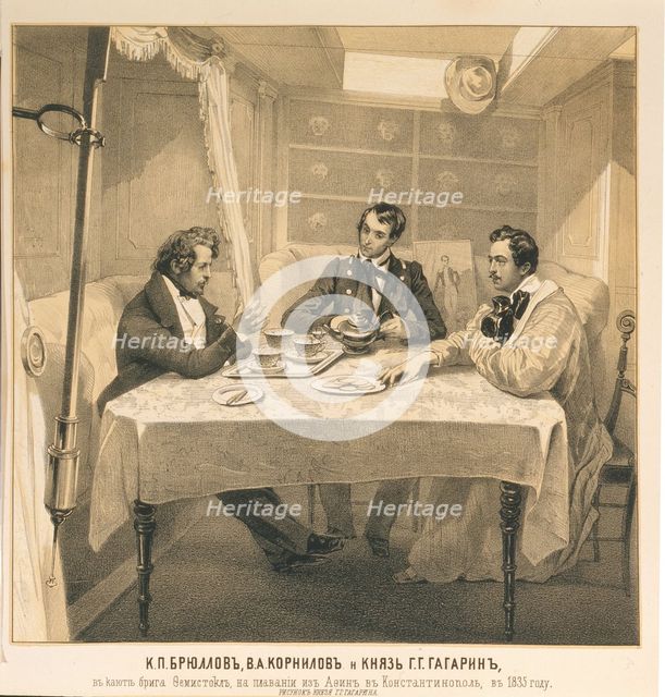 Karl Bryullov, Vladimir Kornilov and Count Grigori Gagarin aboard the brig Themistocles, 1835. Artist: Gagarin, Grigori Grigorievich (1810-1893)