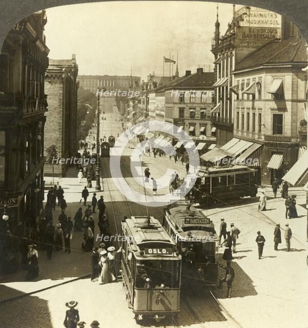 'Karl Johan Street, W.N.W. to the Royal Palace, Christiania, Norway', c1905. Creator: Unknown.