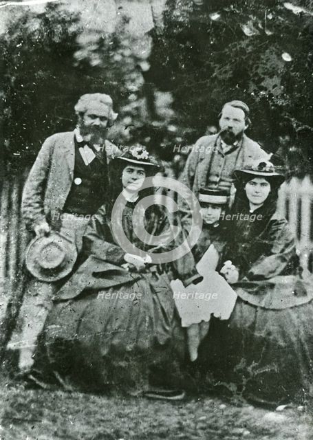 Karl Marx, Friedrich Engels and the daughters Jenny, Eleanor and Laura Marx, 1864.