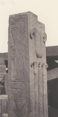 Karnak (Thèbes), Palais - Construction de Granit - Pilier Sculpté, au ..., 1851-52, printed 1853-54. Creator: Félix Teynard