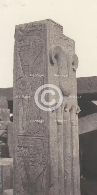 Karnak (Thèbes), Palais - Construction de Granit - Pilier Sculpté, au ..., 1851-52, printed 1853-54. Creator: Félix Teynard.