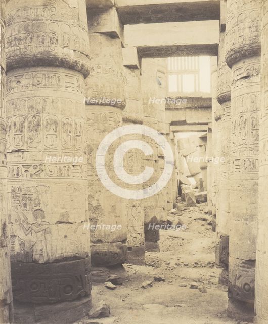 Karnak (Thèbes), Palais - Salle Hypostyle - Fenêtre et Chapiteaux des ..., 1851-52, printed 1853-54. Creator: Félix Teynard.