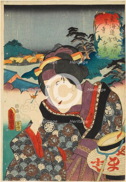 Kasagawa, between Narumi and Miya: Iwai Tojaku I as Otatsu, from the series Fifty-three..., 1852. Creator: Kunisada (Toyokuni III), Utagawa (1786-1864).