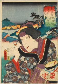 Kasagawa, between Narumi and Miya: Iwai Tojaku I as Otatsu, from the series Fifty-three..., 1852. Creator: Kunisada (Toyokuni III), Utagawa (1786-1864)