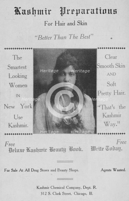 Kashmir preparations for hair and skin; Kashmir Chemical Company, Dept. R.; 312 S..., 1918-1922. Creator: Unknown.