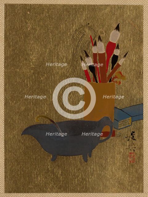 Kettle and Box with Paint Brushes, 1882. Creator: Shibata Zeshin.