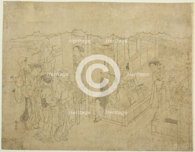 Key block print for The Introduction (Miai), the first sheet from the series "Marriage ..., c. 1769. Creator: Suzuki Harunobu.