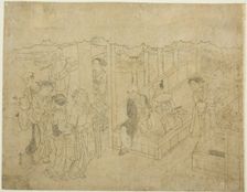 Key block print for The Introduction (Miai), the first sheet from the series "Marriage ..., c. 1769. Creator: Suzuki Harunobu