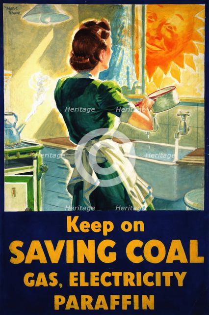 'Keep on saving coal, gas, electricity, paraffin', World War II poster, between 1939 and 1946. Creators: Central Office of Information, Marc Stone.