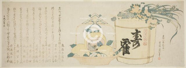 Keg of sake and basket of oranges, Japan, 1820. Creator: Hokusai.