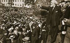 Keir Hardie speaking at a peace rally in Trafalgar Square, 2nd August, 1914. Artist: S and G
