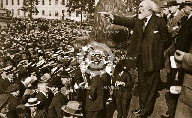 Keir Hardie speaking at a peace rally in Trafalgar Square, 2nd August, 1914.  Creator: S and G.