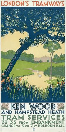 Kenwood and Hampstead Heath London County Council (LCC) Tramways poster, 1928. Artist: Ralph & Brown Studios