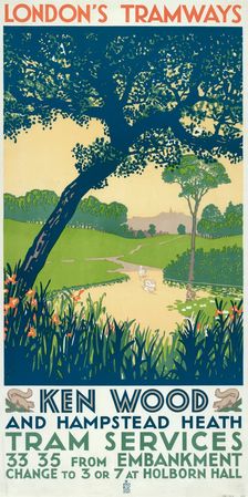 Kenwood and Hampstead Heath London County Council (LCC) Tramways poster, 1928. Artist: Ralph & Brown Studios