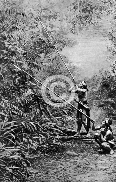 Kenyah men hunting for monkeys with blowpipes, Borneo, 1922. Artist: Dr Charles Hose