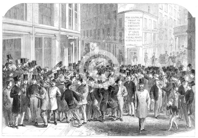 Kerbstone stockbrokers in New York, 1864. Creator: Mason Jackson.