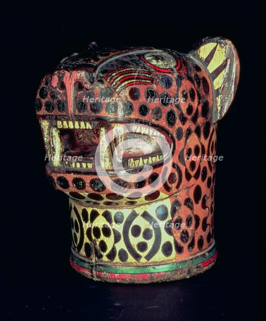 Kero or carved wood vase, jaguar head shaped, in polychromed wood.