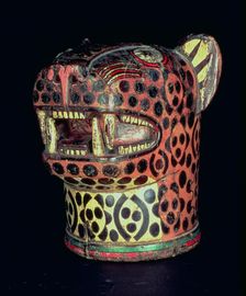 Kero or carved wood vase, jaguar head shaped, in polychromed wood