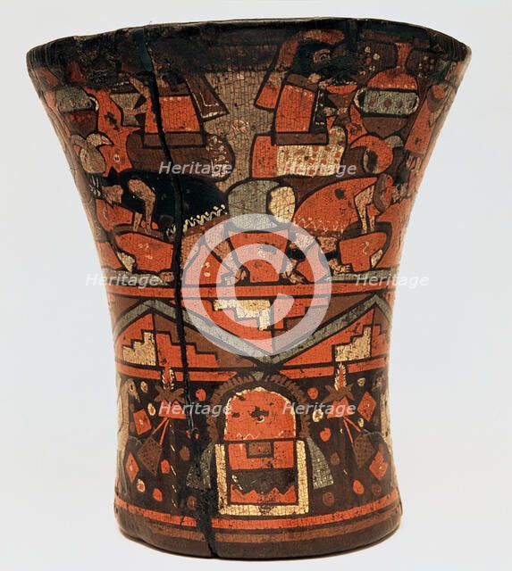 Kero or ceremonial vessel with agricultural scenes in painted wood, 1500-1700, part of the Incan …