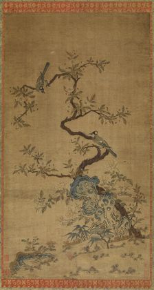 Kesi tapestry of two birds and a flowering tree, Mid-Ming to Qing dynasty, 16th-18th century. Creator: Unknown