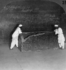 Khufu's sarcophagus, broken by robbers, in the Great Pyramid, Egypt 1905.Artist: Underwood & Underwood