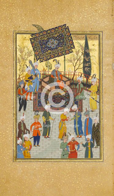 Khusrau Seated on his Throne, Folio 64 from a Khamsa (Quintet) of Nizami, A.H. 931/A.D. 1524-25. Creators: Sultan Muhammad Nur, Mahmud Muzahhib, Shaikh Zada.