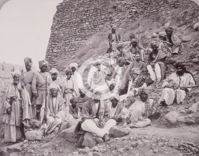 Khyber chiefs and khans with Captain Tucker, Jamrood Fort, Northwest Frontier Province, 1878. Creator: John Burke.