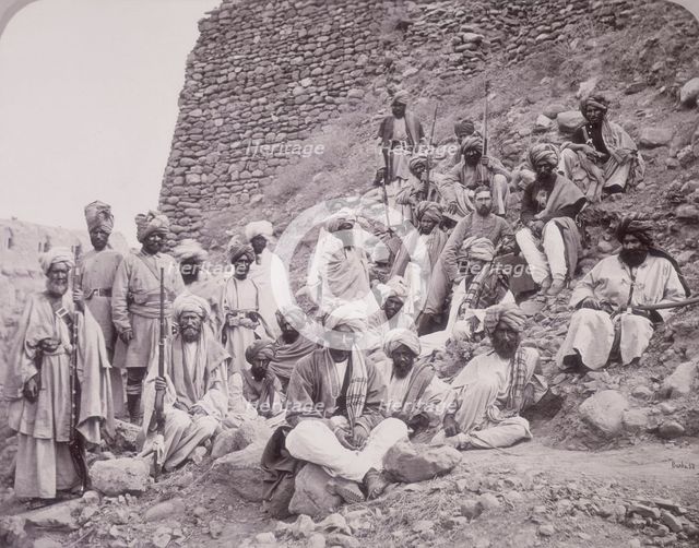 Khyber chiefs and khans with Captain Tucker, Jamrood Fort, Northwest Frontier Province, 1878. Creator: John Burke.