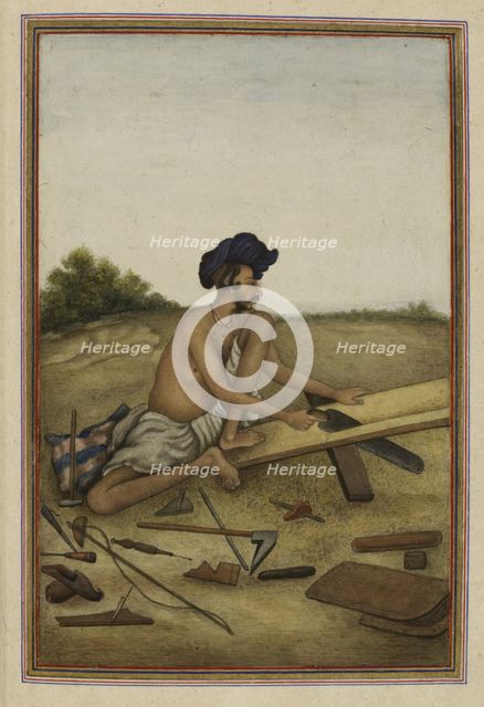 Khati or Tarkhan, carpenter caste of the Panjab - Man sawing a plank,1825 . Creator: Anon.