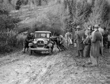 KHL Seaton's Ford Model A saloon receiving a push in the Inter-Varsity Trial, 1930. Artist: Bill Brunell