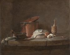 Kitchen Utensils with Leeks, Fish, and Eggs, c. 1734. Creator: Jean-Siméon Chardin (French, 1699-1779)
