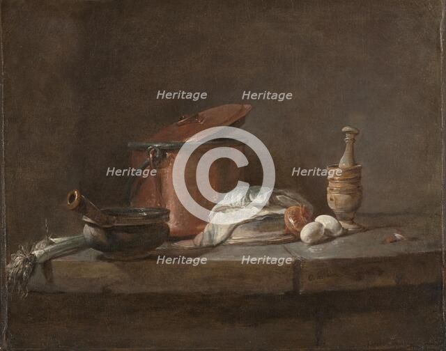 Kitchen Utensils with Leeks, Fish, and Eggs, c. 1734. Creator: Jean-Siméon Chardin (French, 1699-1779).