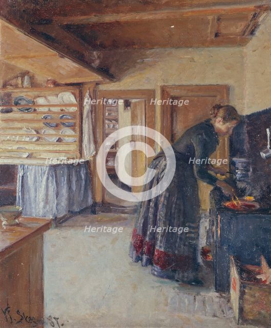 Kitchen, with the artist's Wife, 1887. Creator: Viggo Johansen.